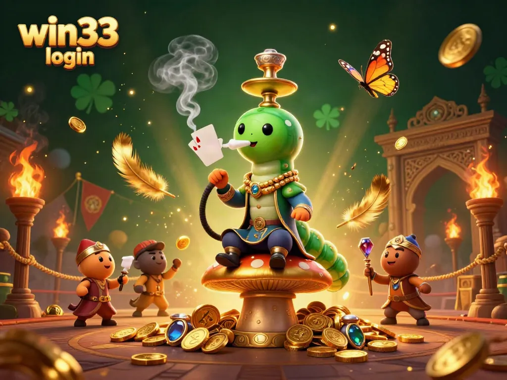 Win33 login scene with a caterpillar hookah-master and vibrant gambling elements