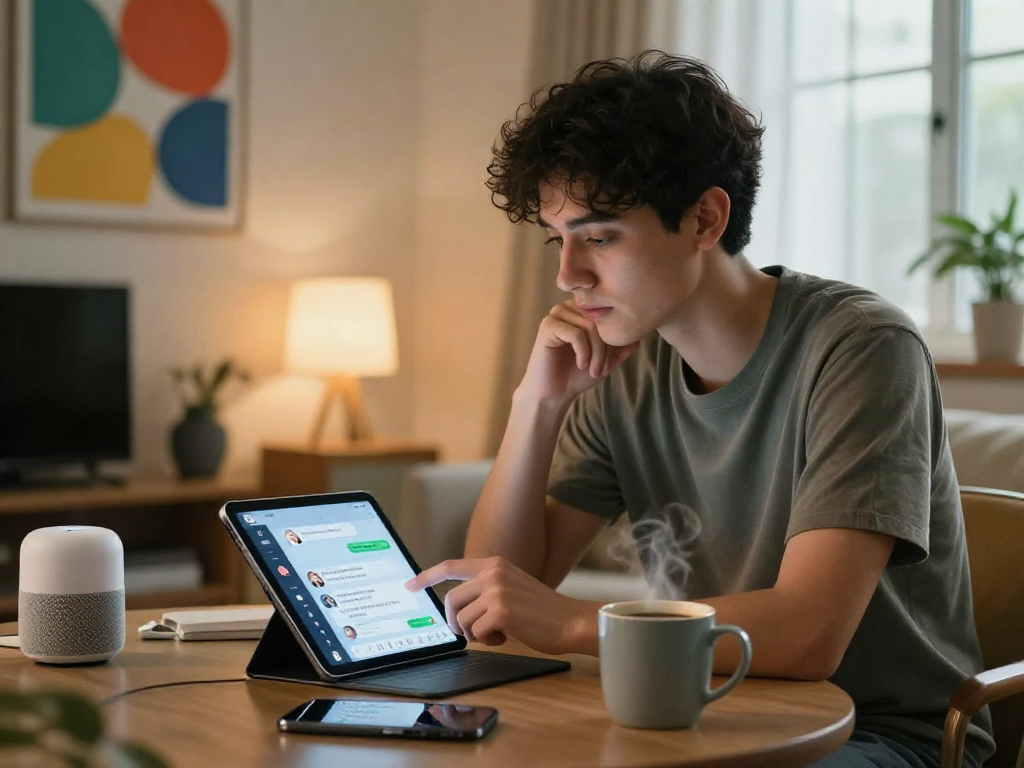AI chat porn interaction in a cozy living room with a user engaging with a tablet